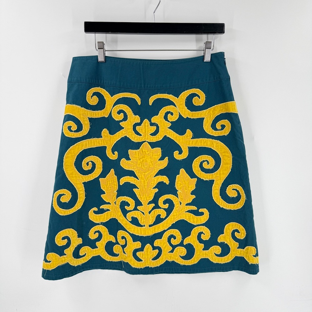 Boden A-Line Skirt Teal Yellow 14R Applique Scroll Cotton Whimsical Preppy